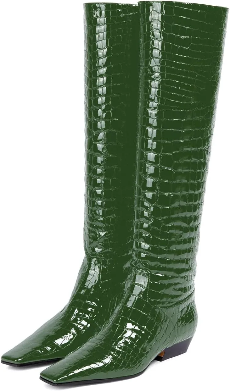 anteikira Women's Fashion Chunky Heel Square Toe Knee High Boots Crocodile Closed Toe Tall Boots Pull On Long Boot for Women Size 5.5-12US