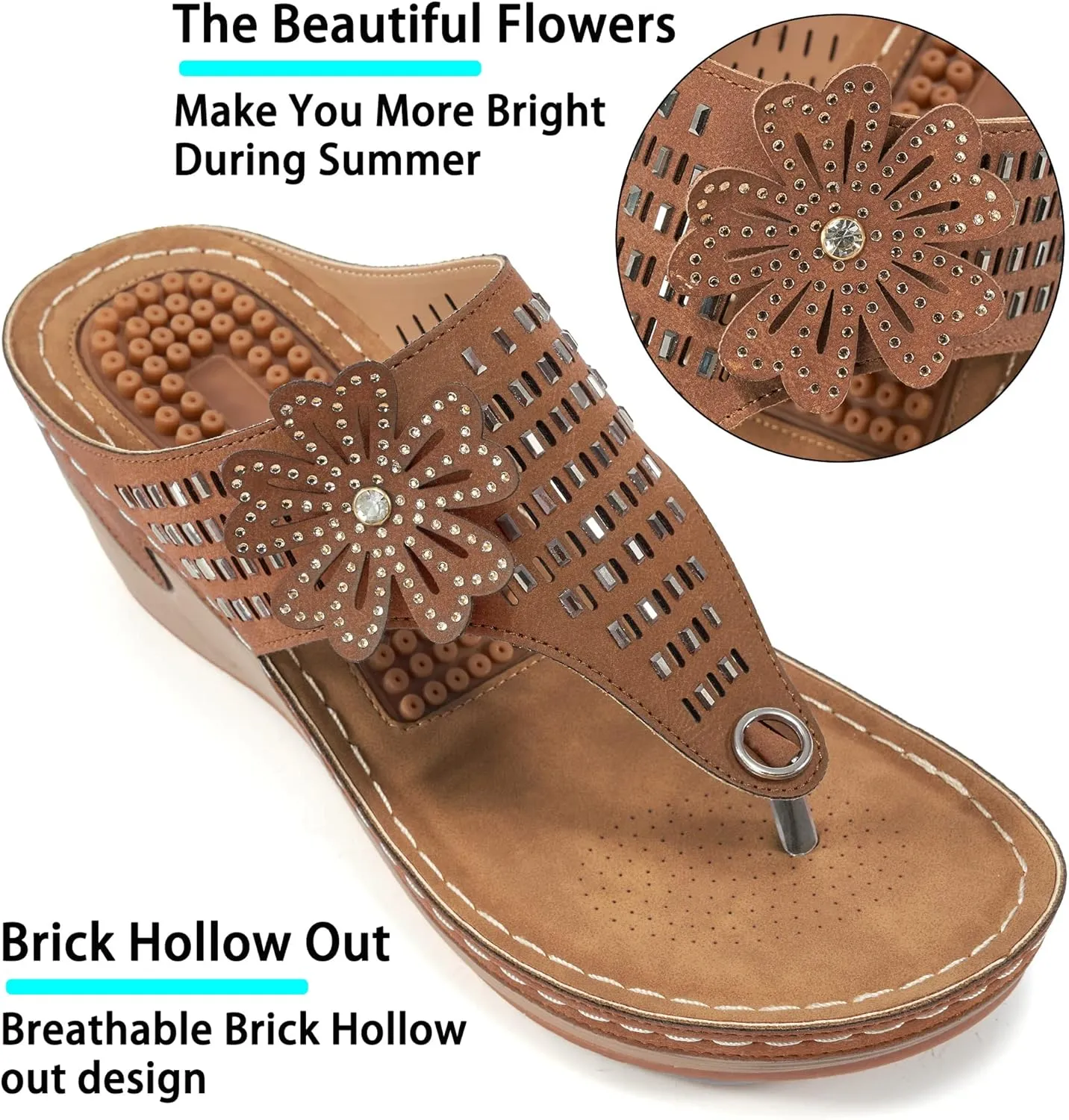 Aomigoct Wedge Sandals Women Flip Flops with High Increased Flower Platform Sandals for Women Dressy Summer Wedge Shoes Cushion FootBed Comfort Flip Flops