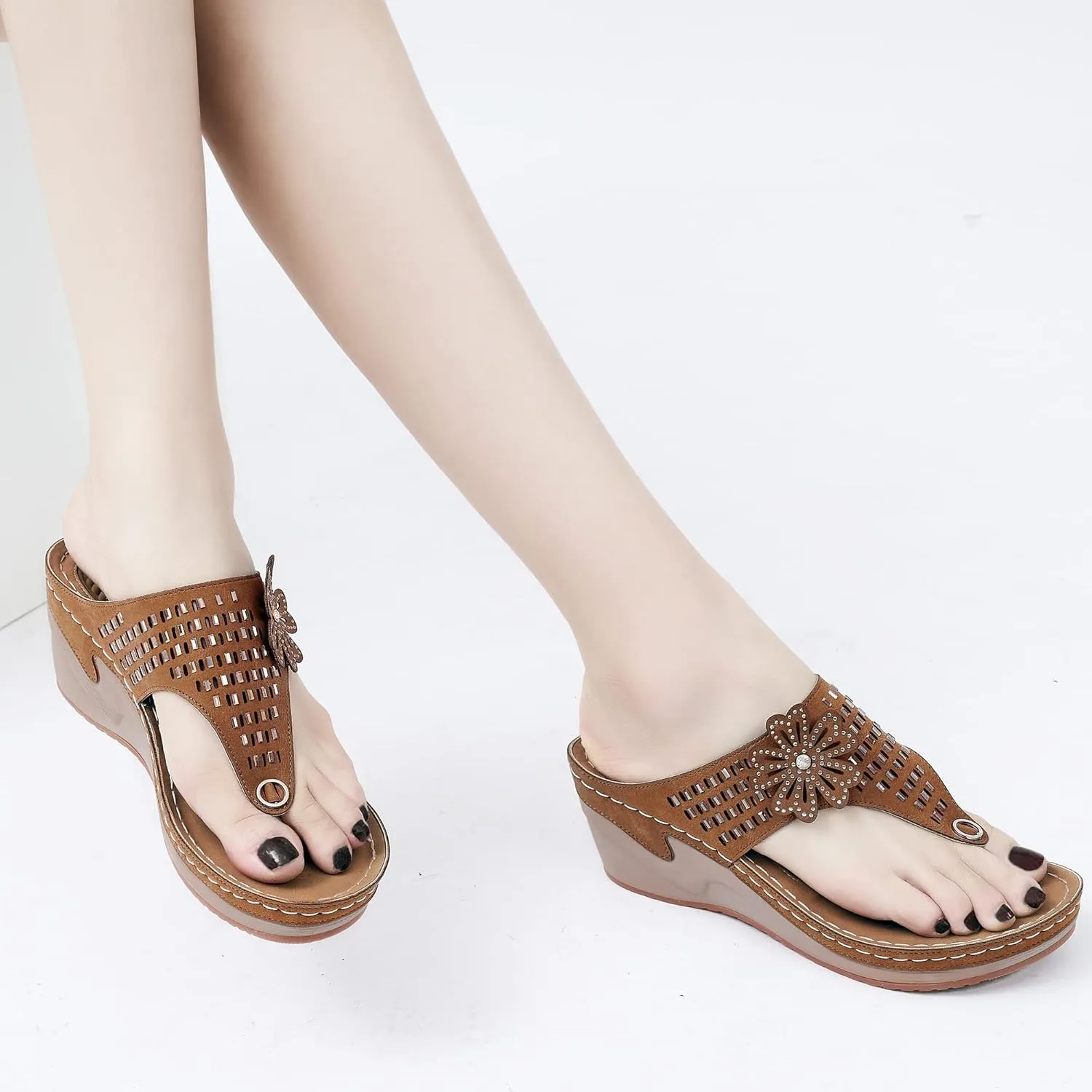 Aomigoct Wedge Sandals Women Flip Flops with High Increased Flower Platform Sandals for Women Dressy Summer Wedge Shoes Cushion FootBed Comfort Flip Flops