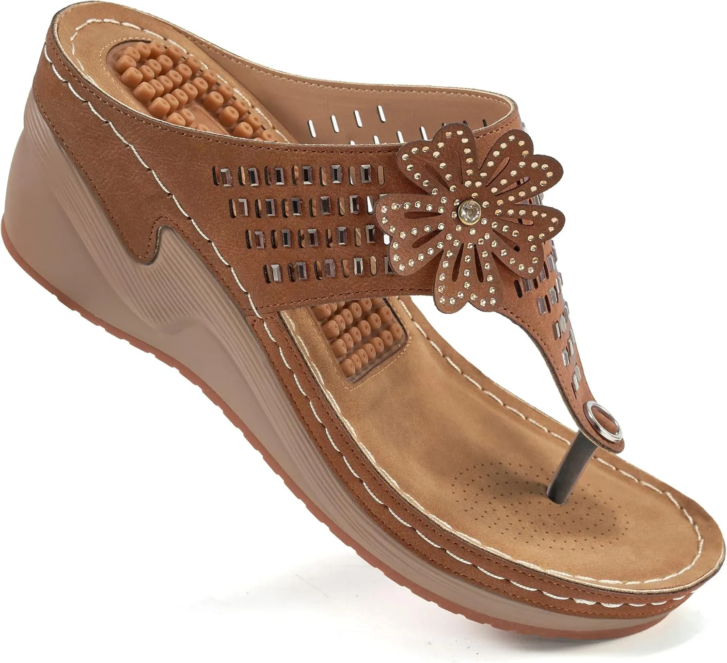 Aomigoct Wedge Sandals Women Flip Flops with High Increased Flower Platform Sandals for Women Dressy Summer Wedge Shoes Cushion FootBed Comfort Flip Flops