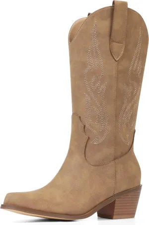 AOSPHIRAYLIAN Cowboy Boots for Women Retro Pointed Toe Pull On Block Chunky Heel Glitter Sparkly Metallic Embroidecamel Country Concert Outfits Calf Western Cowgirl Boots