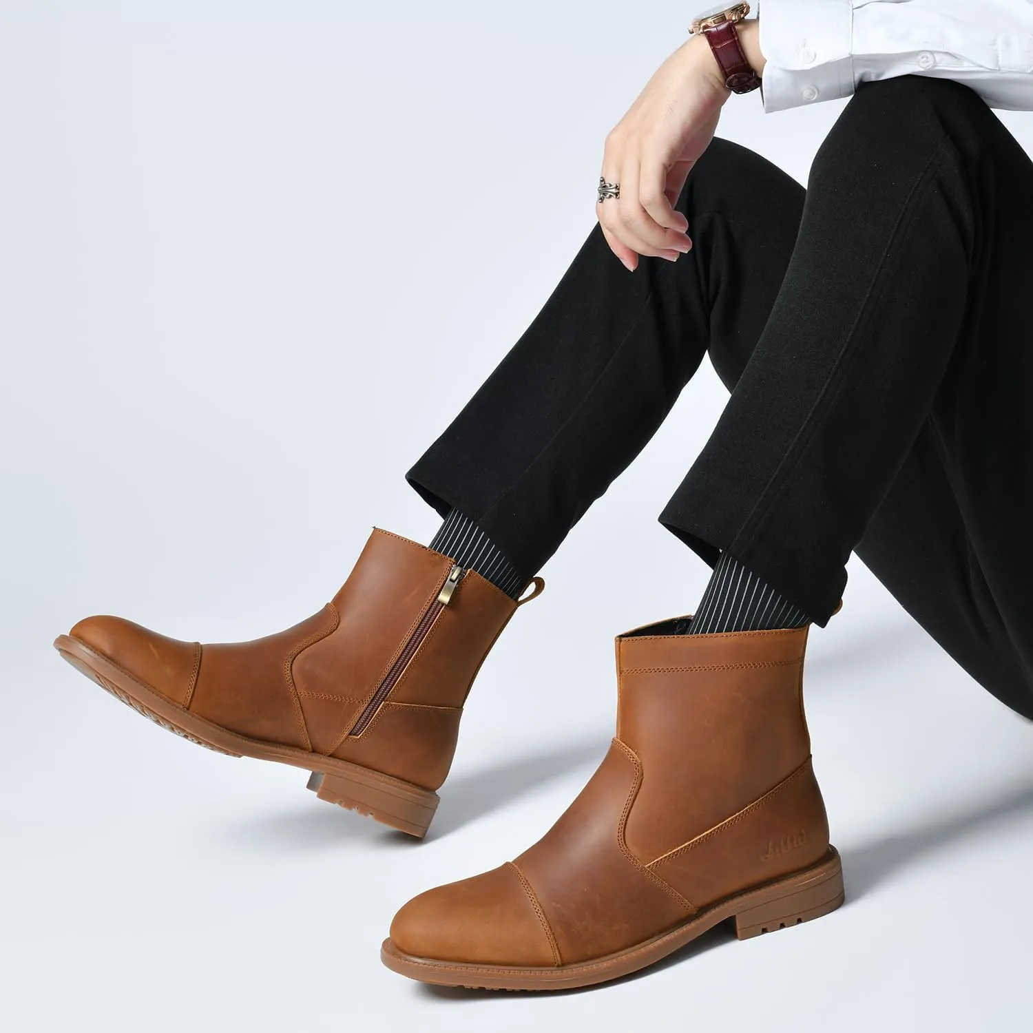 Arkbird Mens Chelsea Dress Boots Side Zipper Genuine Leather Classic Fashion Casual Slip-on Ankle Boots for Men