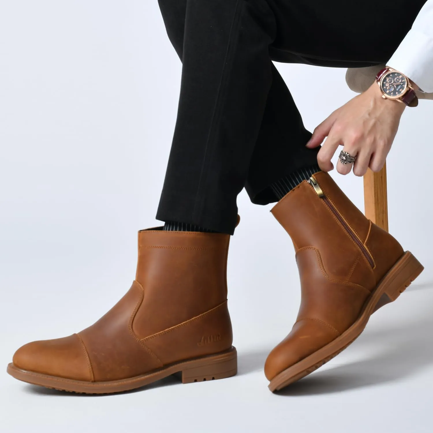 Arkbird Mens Chelsea Dress Boots Side Zipper Genuine Leather Classic Fashion Casual Slip-on Ankle Boots for Men