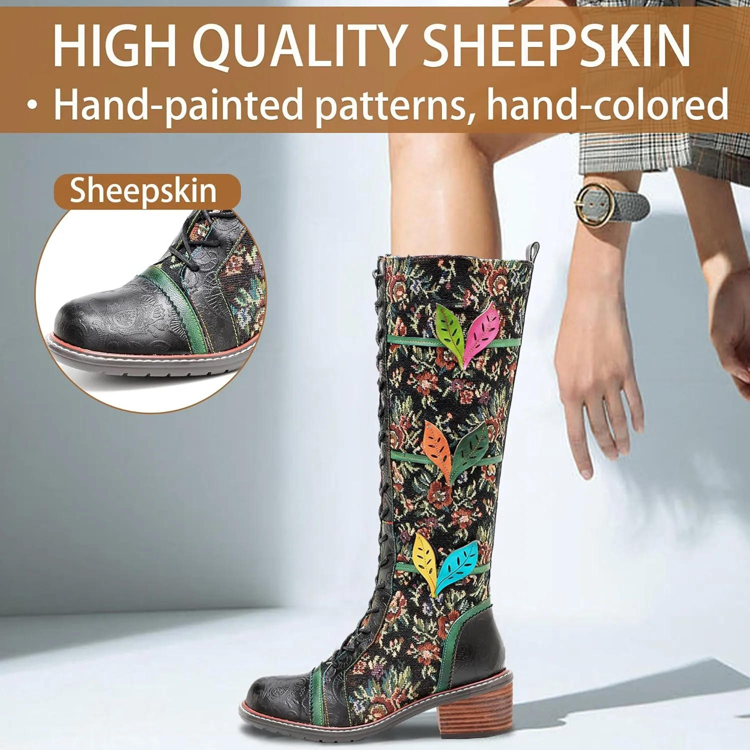 Artisan Handmade Women's Cowboy and Knight Boots - High Heels and Flat Bottoms Genuine Sheepskin, Ethnic and Vintage Style for Ladies and Girls