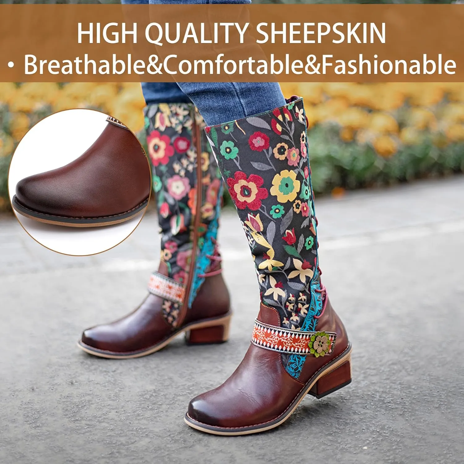 Artisan Handmade Women's Cowboy and Knight Boots - High Heels and Flat Bottoms Genuine Sheepskin, Ethnic and Vintage Style for Ladies and Girls