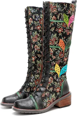 Artisan Handmade Women's Cowboy and Knight Boots - High Heels and Flat Bottoms Genuine Sheepskin, Ethnic and Vintage Style for Ladies and Girls