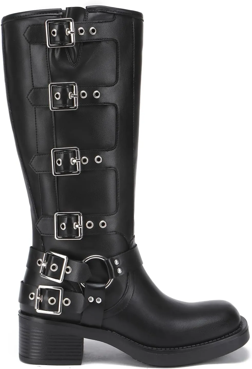 Athlefit Women's Knee High Riding Boots Fashion Buckle Square Toe Chunky Heel Wide Calf Biker Boots