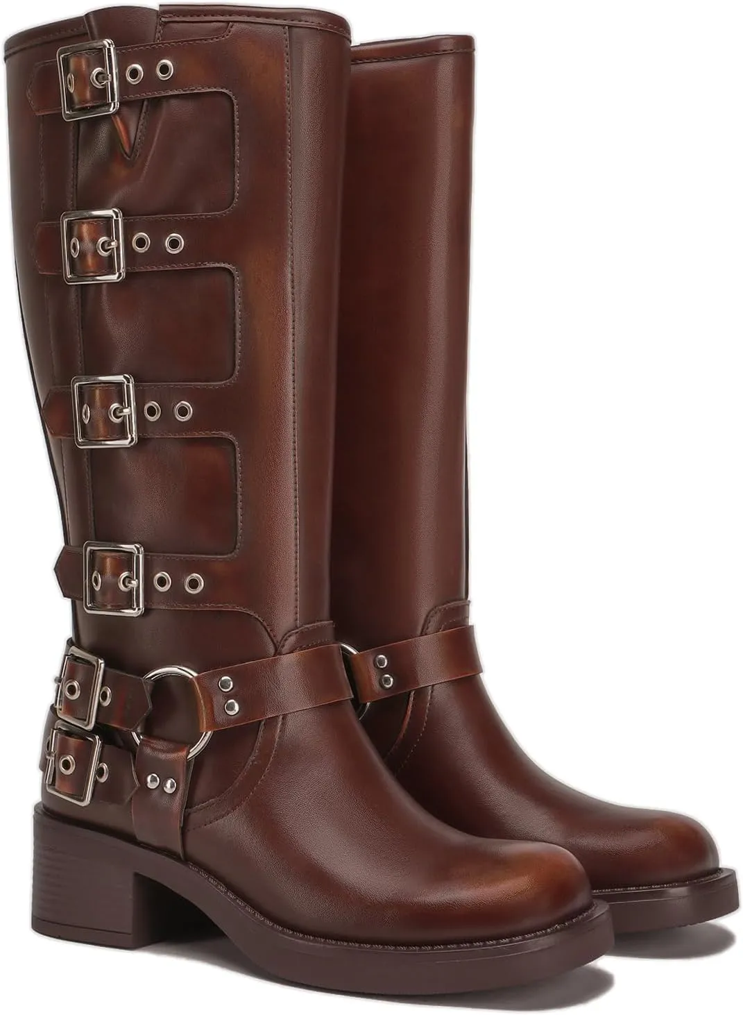 Athlefit Women's Knee High Riding Boots Fashion Buckle Square Toe Chunky Heel Wide Calf Biker Boots
