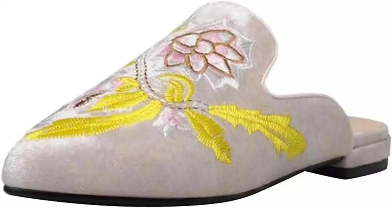 Axellion Comfortable Embroidered Mules for Women, Slip-on Backless Loafers with Pointed Toe, Stylish Flat Slides for Casual & Business Wear