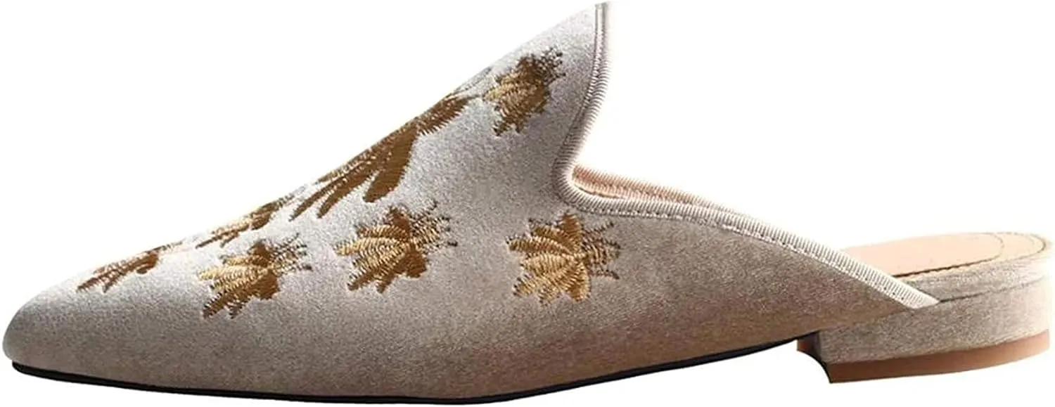 Axellion Comfortable Embroidered Mules for Women, Slip-on Backless Loafers with Pointed Toe, Stylish Flat Slides for Casual & Business Wear