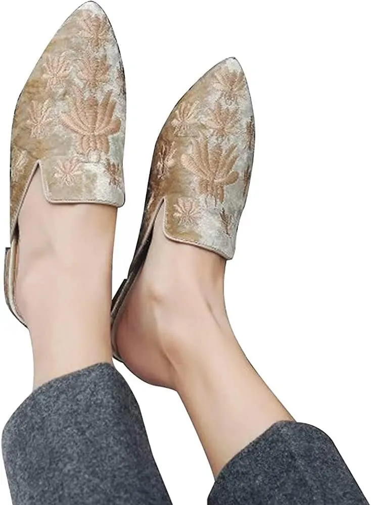 Axellion Comfortable Embroidered Mules for Women, Slip-on Backless Loafers with Pointed Toe, Stylish Flat Slides for Casual & Business Wear