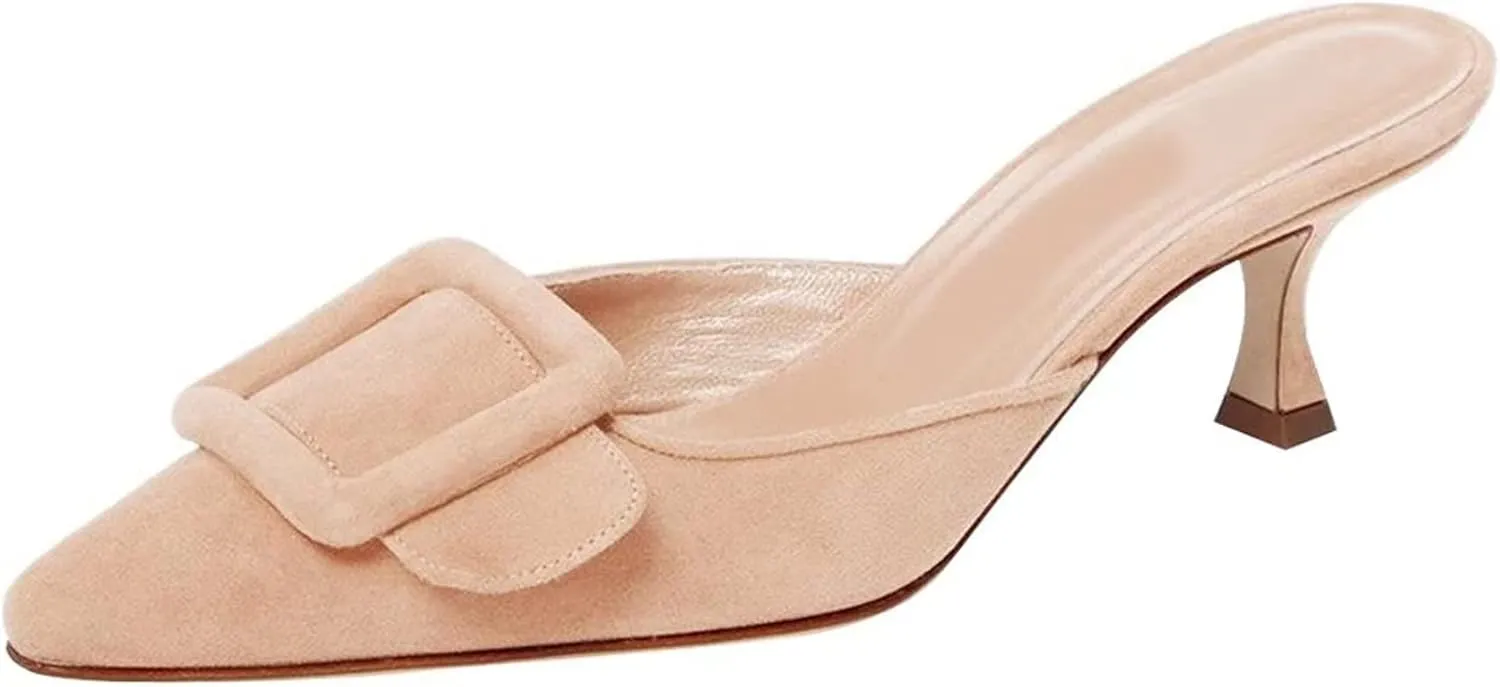 Axellion Comfortable Kitten Heel Mules for Women, Slip-on Backless Loafers with Pointed Toe, Buckle Knot Detail, Stylish Flat Slides for Casual & Business Wear