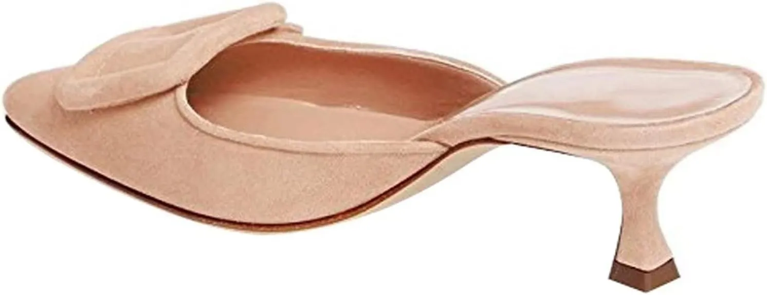 Axellion Comfortable Kitten Heel Mules for Women, Slip-on Backless Loafers with Pointed Toe, Buckle Knot Detail, Stylish Flat Slides for Casual & Business Wear