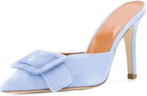 Axellion Comfortable Kitten Heel Mules for Women, Slip-on Backless Loafers with Pointed Toe, Buckle Knot Detail, Stylish Flat Slides for Casual & Business Wear