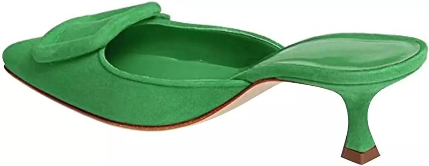 Axellion Comfortable Kitten Heel Mules for Women, Slip-on Backless Loafers with Pointed Toe, Buckle Knot Detail, Stylish Flat Slides for Casual & Business Wear