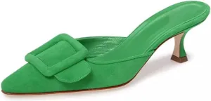 Axellion Comfortable Kitten Heel Mules for Women, Slip-on Backless Loafers with Pointed Toe, Buckle Knot Detail, Stylish Flat Slides for Casual & Business Wear
