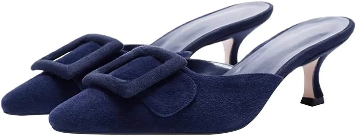 Axellion Comfortable Kitten Heel Mules for Women, Slip-on Backless Loafers with Pointed Toe, Buckle Knot Detail, Stylish Flat Slides for Casual & Business Wear