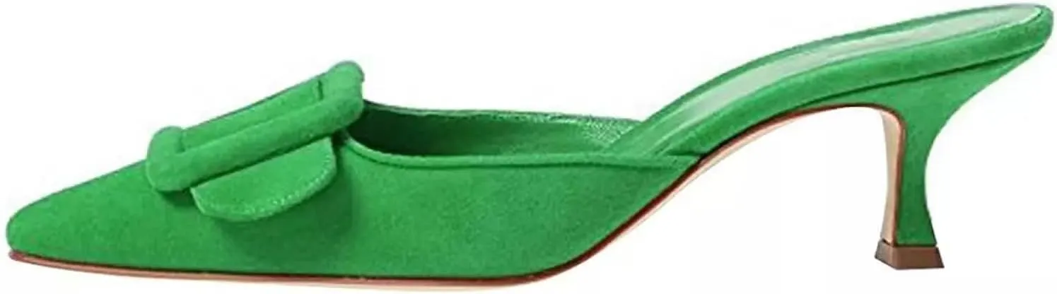 Axellion Comfortable Kitten Heel Mules for Women, Slip-on Backless Loafers with Pointed Toe, Buckle Knot Detail, Stylish Flat Slides for Casual & Business Wear