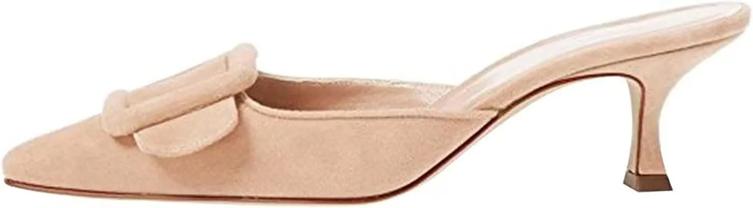 Axellion Comfortable Kitten Heel Mules for Women, Slip-on Backless Loafers with Pointed Toe, Buckle Knot Detail, Stylish Flat Slides for Casual & Business Wear