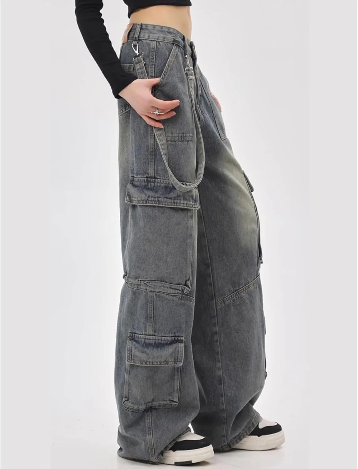 Baggy Cargo Pants for Womens Mens Y2K Loose Low Rise Wide Leg Jeans Harajuku Streetwear Clothes
