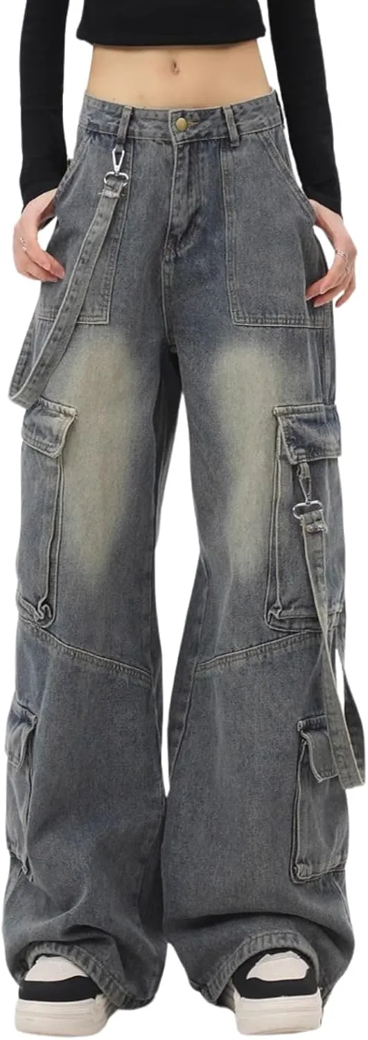 Baggy Cargo Pants for Womens Mens Y2K Loose Low Rise Wide Leg Jeans Harajuku Streetwear Clothes