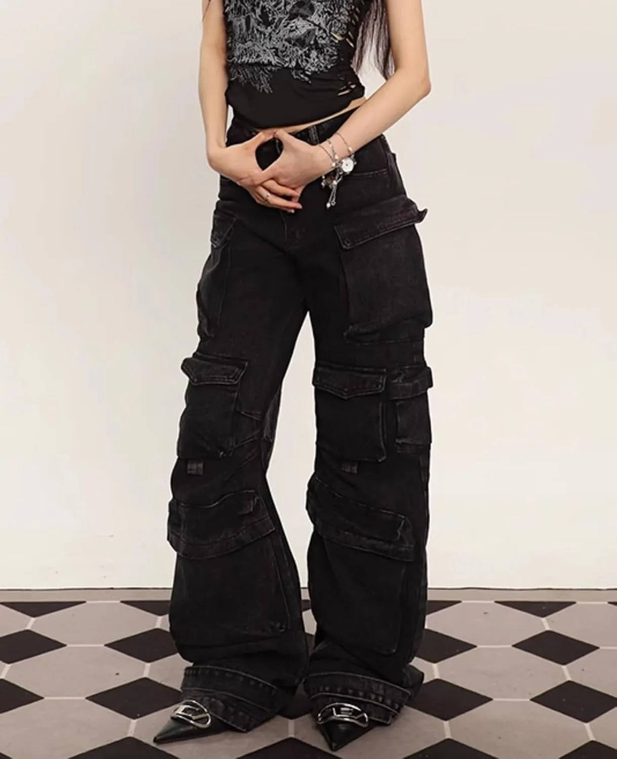 Baggy Cargo Pants for Womens Mens Y2K Loose Low Rise Wide Leg Jeans Harajuku Streetwear Clothes