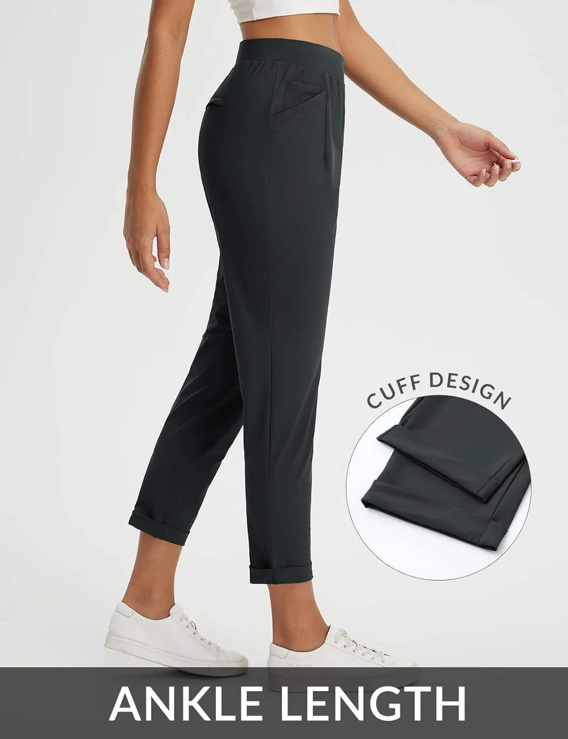 baleaf Womens Travel Pants Stretch with Zipper Pockets Petite Ankle Dressy Work Business Casual Golf Slacks