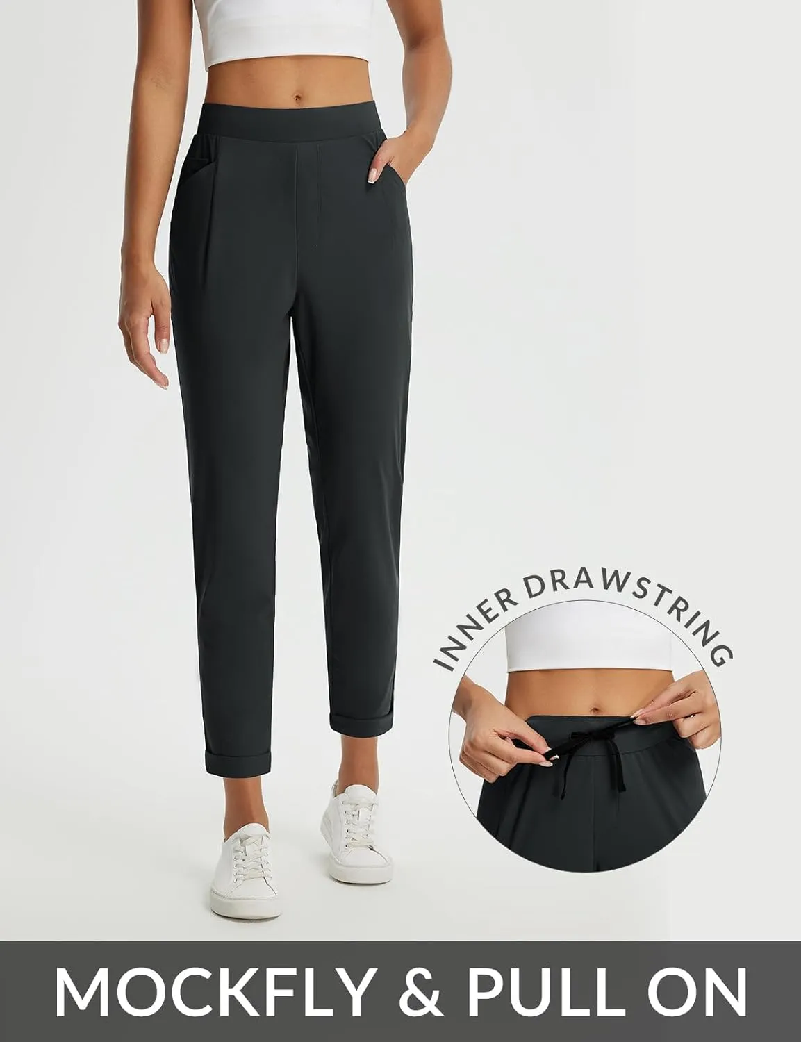 baleaf Womens Travel Pants Stretch with Zipper Pockets Petite Ankle Dressy Work Business Casual Golf Slacks