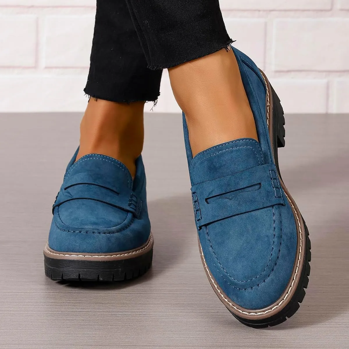 Bandkos Women's Platform Penny Loafers Slip On-Suede Chunky Dress Shoes Casual Business Oxford for Work