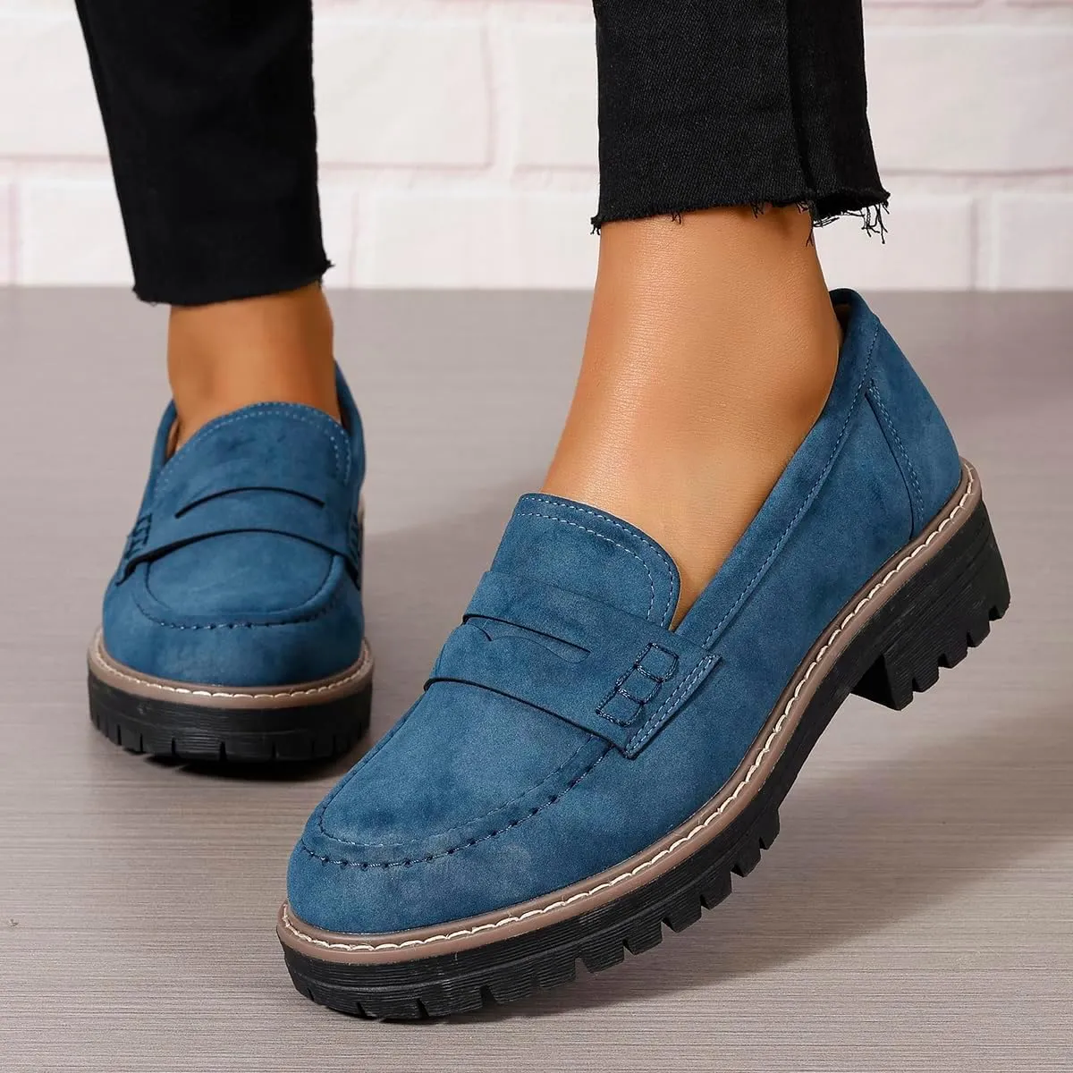 Bandkos Women's Platform Penny Loafers Slip On-Suede Chunky Dress Shoes Casual Business Oxford for Work