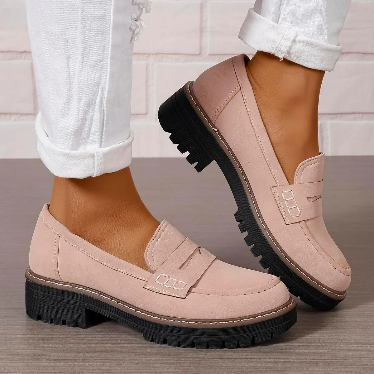 Bandkos Women's Platform Penny Loafers Slip On-Suede Chunky Dress Shoes Casual Business Oxford for Work