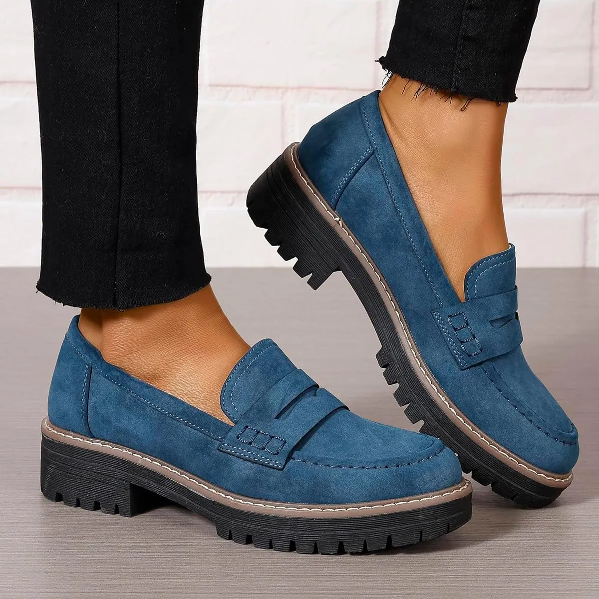 Bandkos Women's Platform Penny Loafers Slip On-Suede Chunky Dress Shoes Casual Business Oxford for Work
