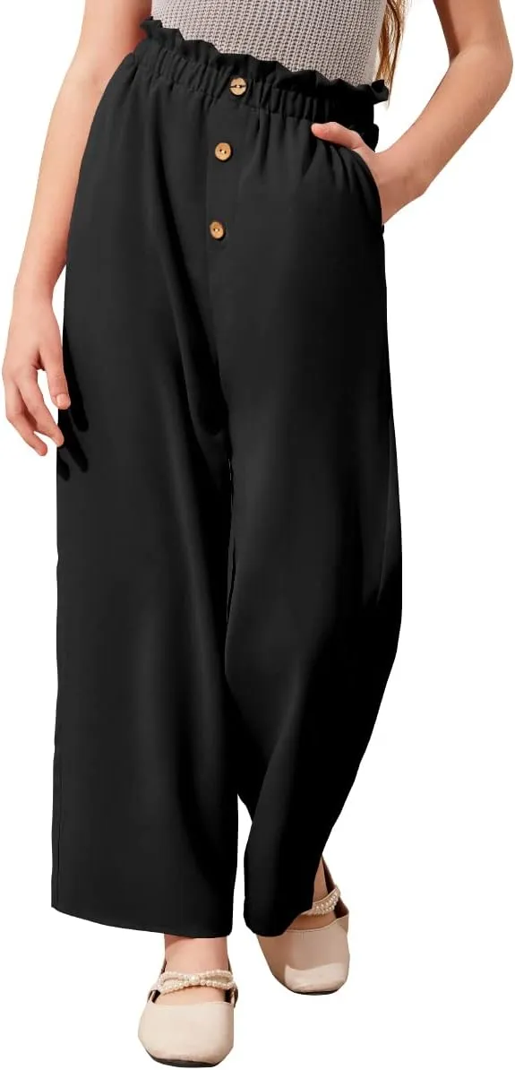Batermoon Girls' Pants Paper Bag Elastic Waist Wide Leg Loose Trousers with Pocket