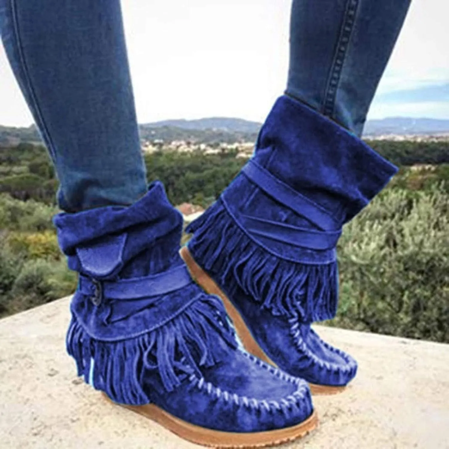 Bcshiye Tassel Boots for Women Moccasin Suede Ankle Booties Winter Round Toe Vintage Buckle Strap Mid-Calf Flat Shoes