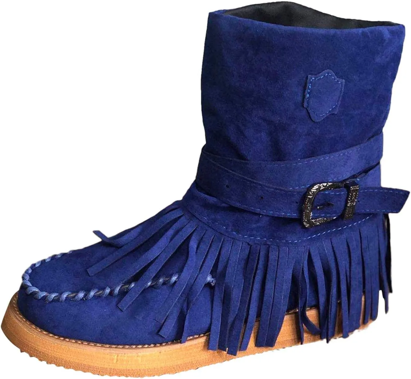 Bcshiye Tassel Boots for Women Moccasin Suede Ankle Booties Winter Round Toe Vintage Buckle Strap Mid-Calf Flat Shoes