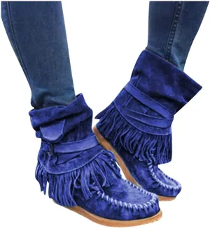 Bcshiye Tassel Boots for Women Moccasin Suede Ankle Booties Winter Round Toe Vintage Buckle Strap Mid-Calf Flat Shoes