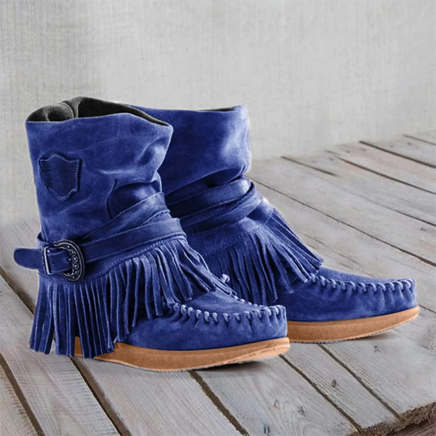 Bcshiye Tassel Boots for Women Moccasin Suede Ankle Booties Winter Round Toe Vintage Buckle Strap Mid-Calf Flat Shoes