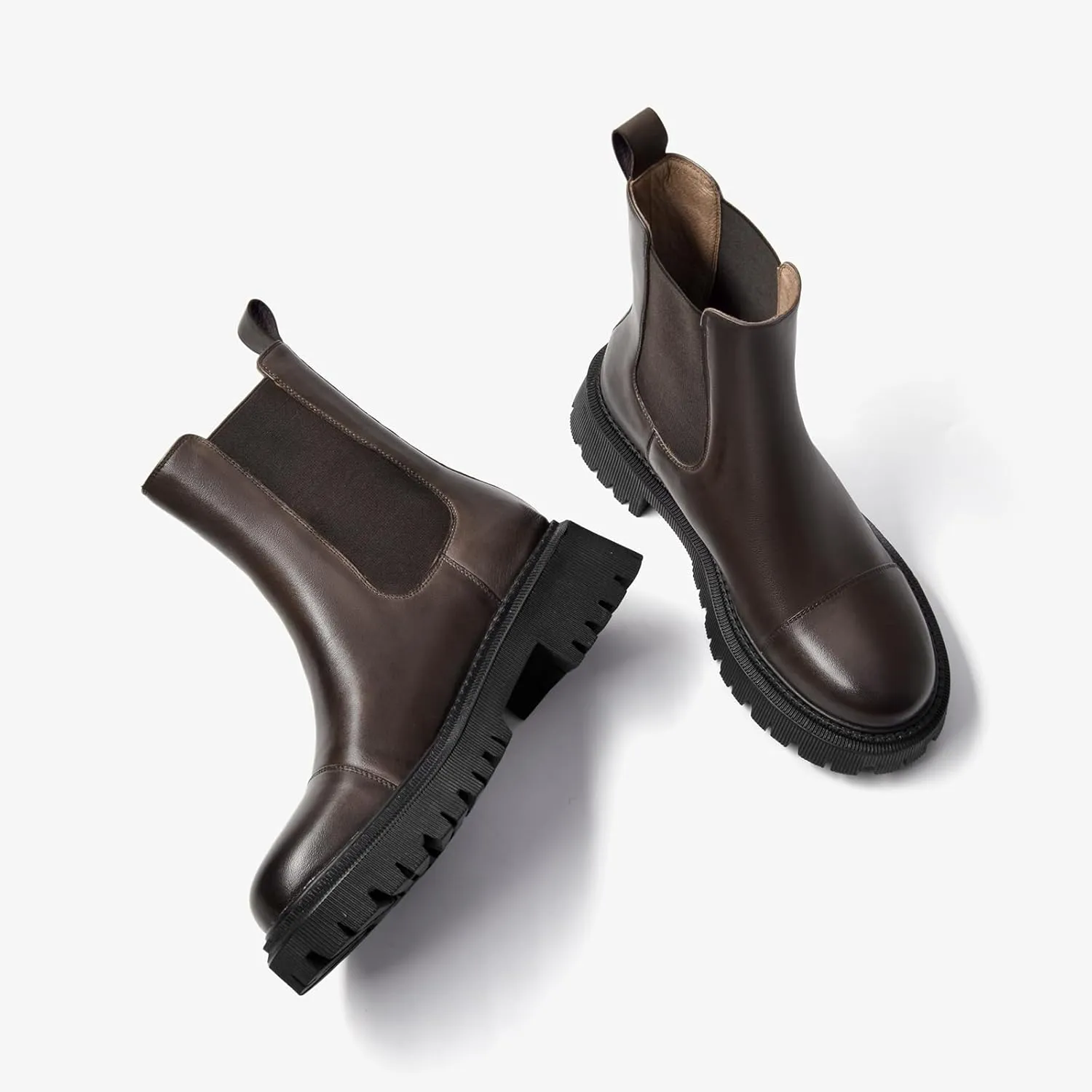 BEAU TODAY Chelsea Boots for Women, Chunky Platform Leather Chelsea Boots Womens Ankle Boots Round Toe Winter Dress Fashion Booties