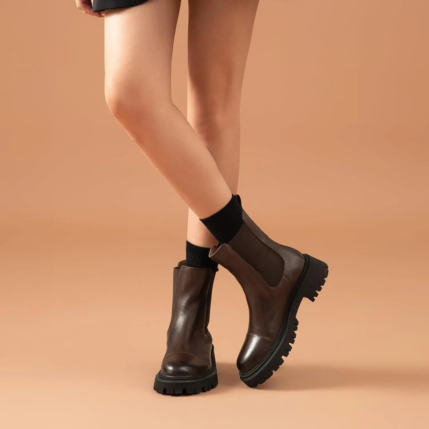 BEAU TODAY Chelsea Boots for Women, Chunky Platform Leather Chelsea Boots Womens Ankle Boots Round Toe Winter Dress Fashion Booties