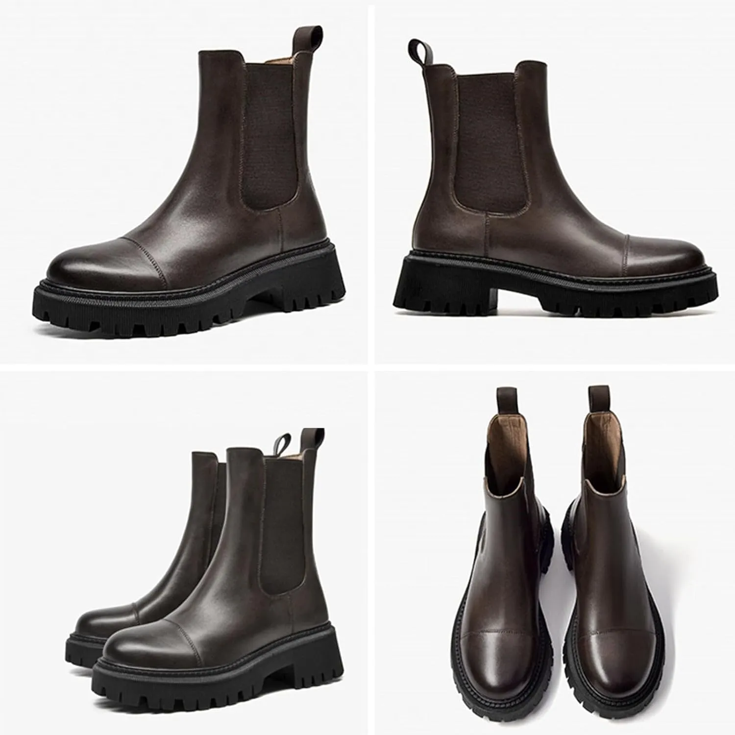 BEAU TODAY Chelsea Boots for Women, Chunky Platform Leather Chelsea Boots Womens Ankle Boots Round Toe Winter Dress Fashion Booties
