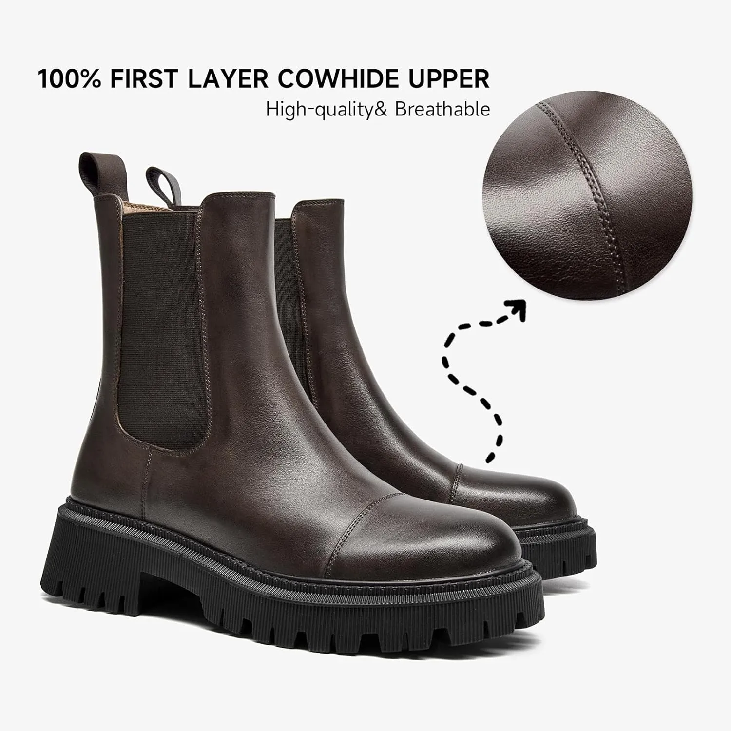 BEAU TODAY Chelsea Boots for Women, Chunky Platform Leather Chelsea Boots Womens Ankle Boots Round Toe Winter Dress Fashion Booties