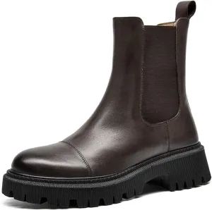 BEAU TODAY Chelsea Boots for Women, Chunky Platform Leather Chelsea Boots Womens Ankle Boots Round Toe Winter Dress Fashion Booties