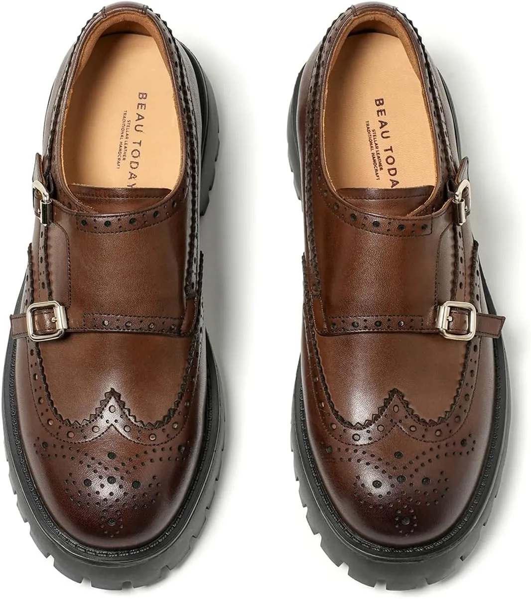 BEAU TODAY Chunky Loafers for Women, Women’s Leather Platform Loafers, Lug Sole Tassel Slip On Loafers Shoes Brogues Wingtip Casual Business Shoes Comfortable Dressy