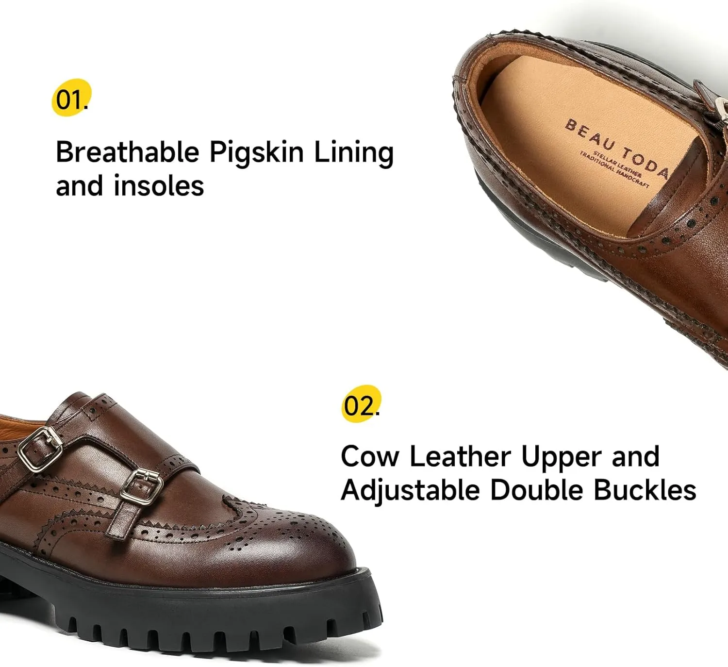 BEAU TODAY Chunky Loafers for Women, Women’s Leather Platform Loafers, Lug Sole Tassel Slip On Loafers Shoes Brogues Wingtip Casual Business Shoes Comfortable Dressy