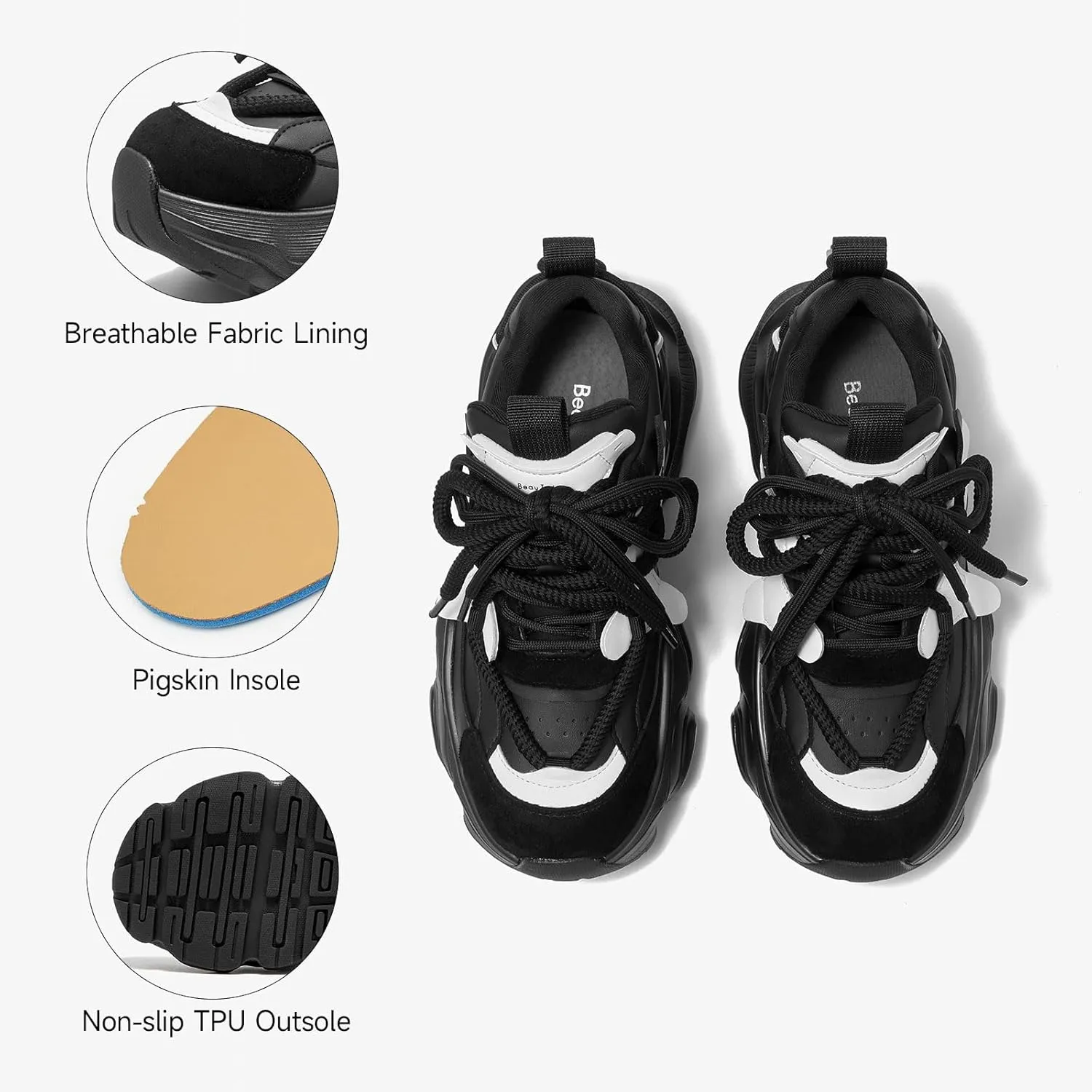 BEAU TODAY Chunky Sneakers for Women，Womens Fashion Sneakers, Lace Up Platform Comfortable Leather Dad Shoes for Women