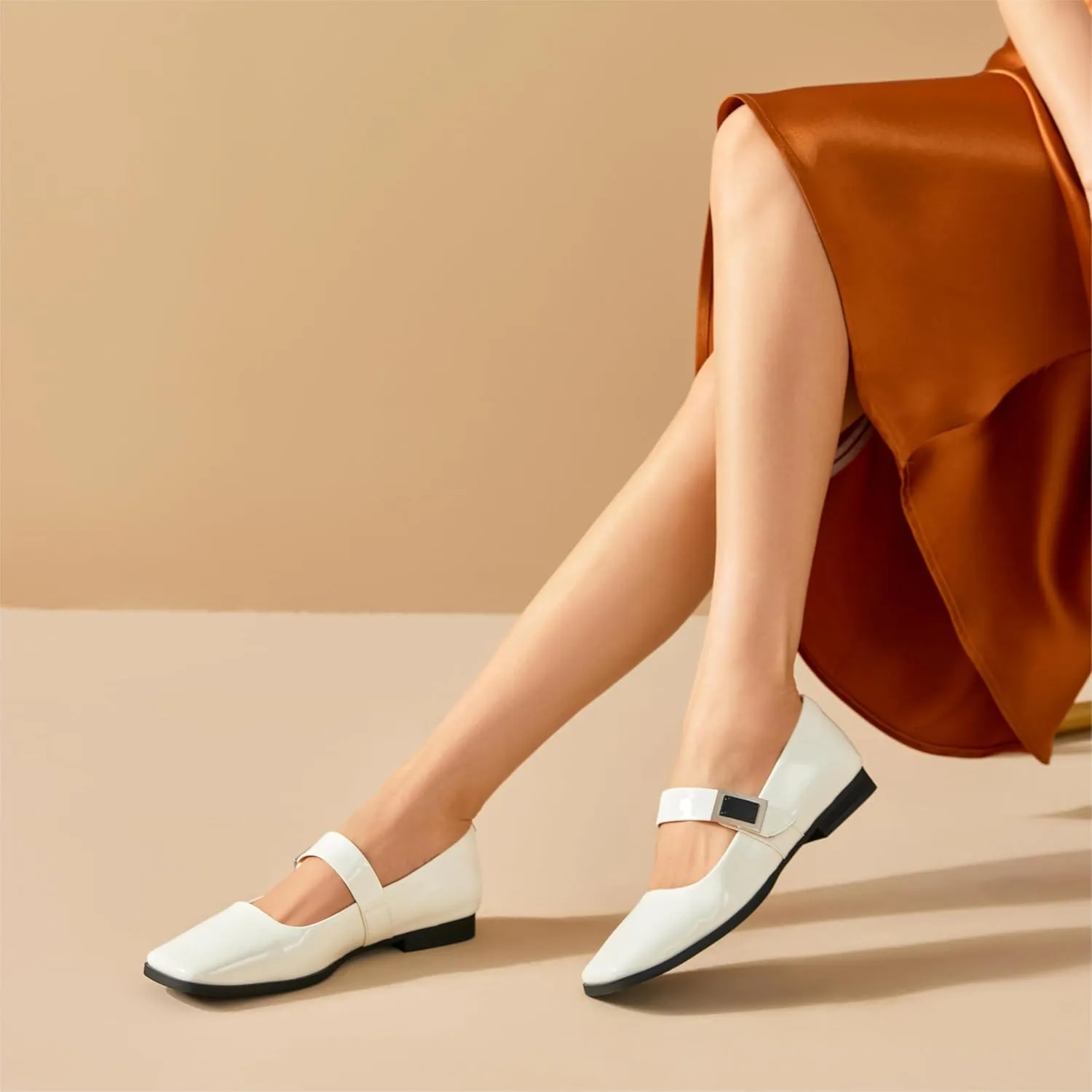 BEAU TODAY Mary Jane Flats for Women, Patent Leather Ballet Flats Shoes, Square Toe Comfortable Business Casual Buckle Non-Slip Ladies Dress Shoes