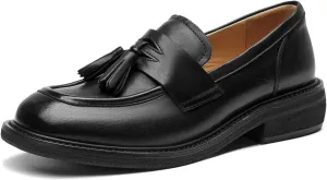 BEAU TODAY Penny Loafers for Women, Women’s Slip On Leather Loafers, Chunky Tassel Loafers Square Toe Shoes, Comfortable Dressy Business Casual Non-Slip Office Ladies Shoes
