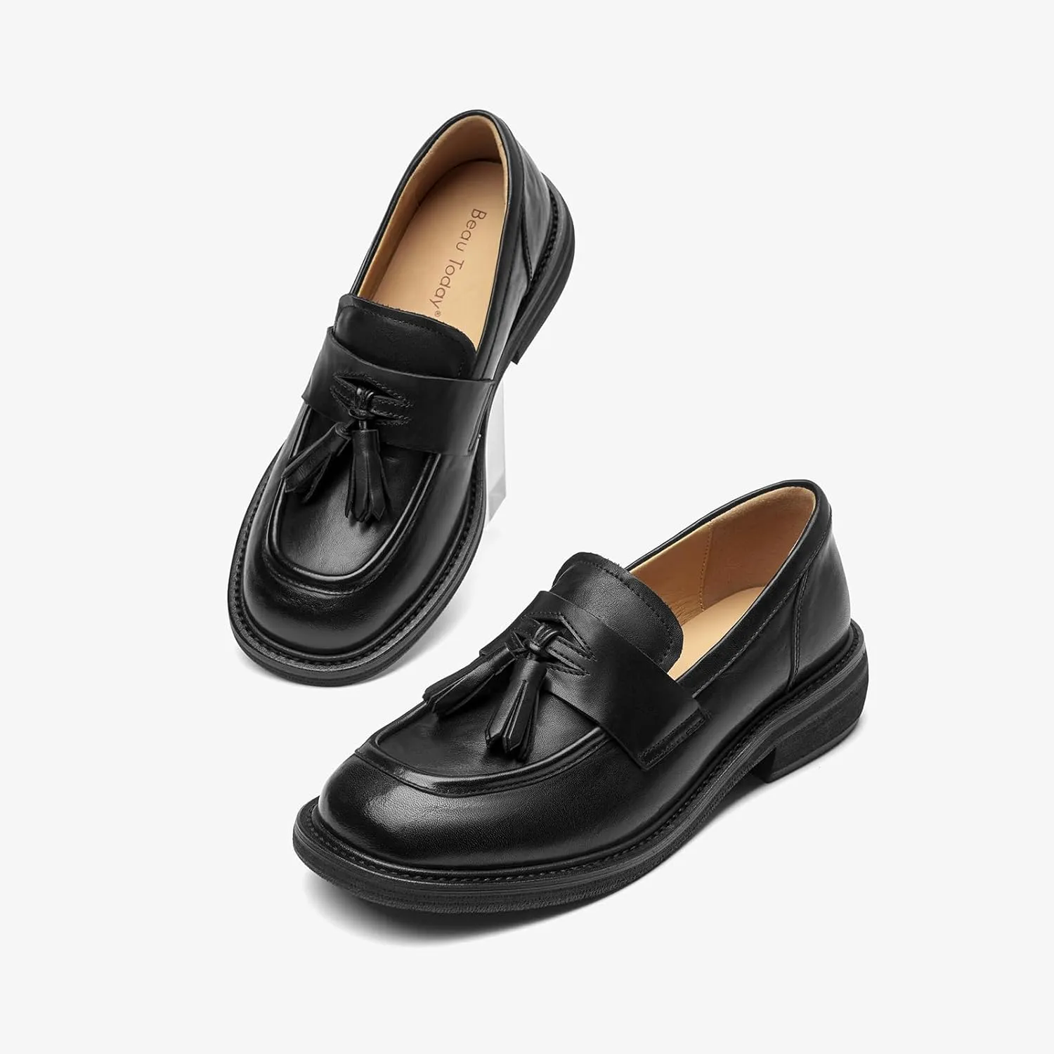 BEAU TODAY Penny Loafers for Women, Women’s Slip On Leather Loafers, Chunky Tassel Loafers Square Toe Shoes, Comfortable Dressy Business Casual Non-Slip Office Ladies Shoes
