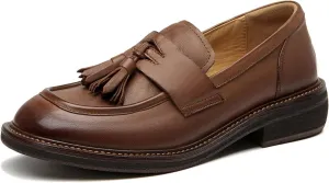 BEAU TODAY Penny Loafers for Women, Women’s Slip On Leather Loafers, Chunky Tassel Loafers Square Toe Shoes, Comfortable Dressy Business Casual Non-Slip Office Ladies Shoes