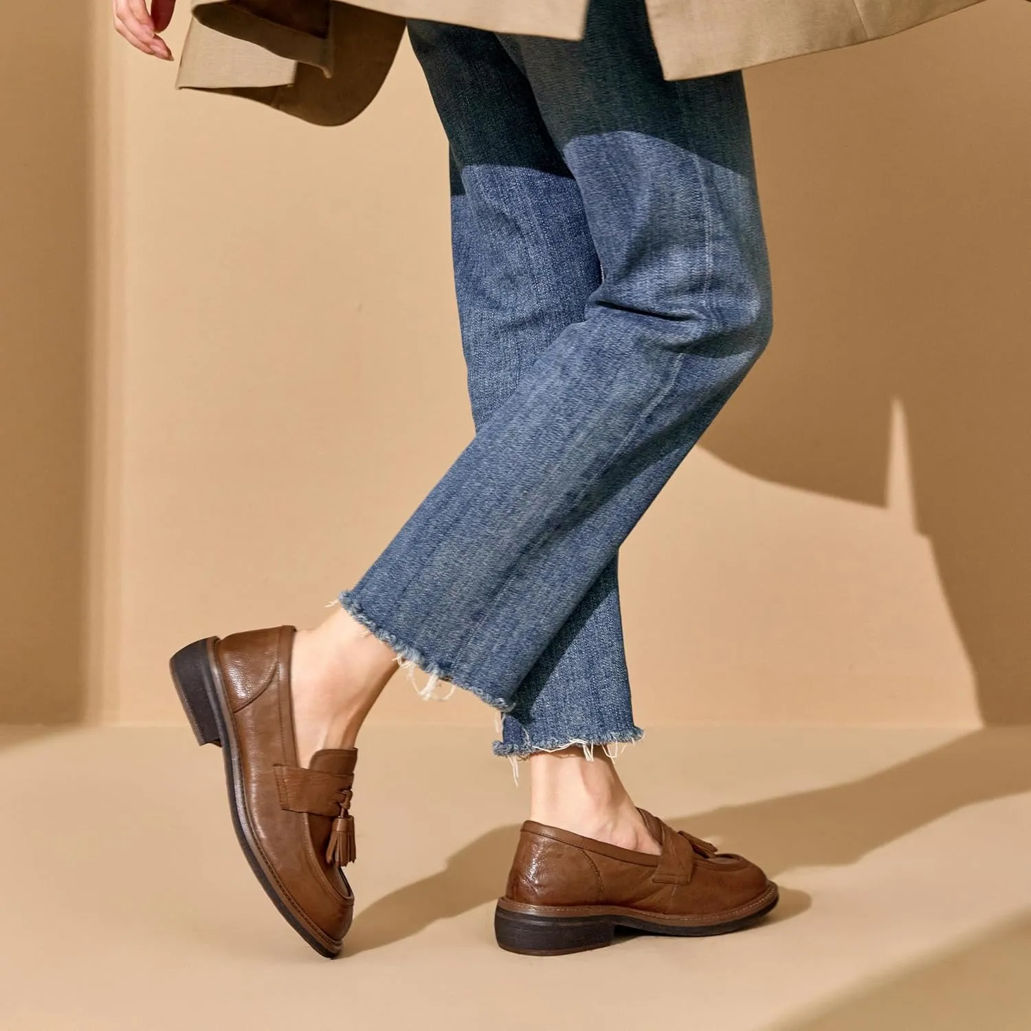 BEAU TODAY Penny Loafers for Women, Women’s Slip On Leather Loafers, Chunky Tassel Loafers Square Toe Shoes, Comfortable Dressy Business Casual Non-Slip Office Ladies Shoes